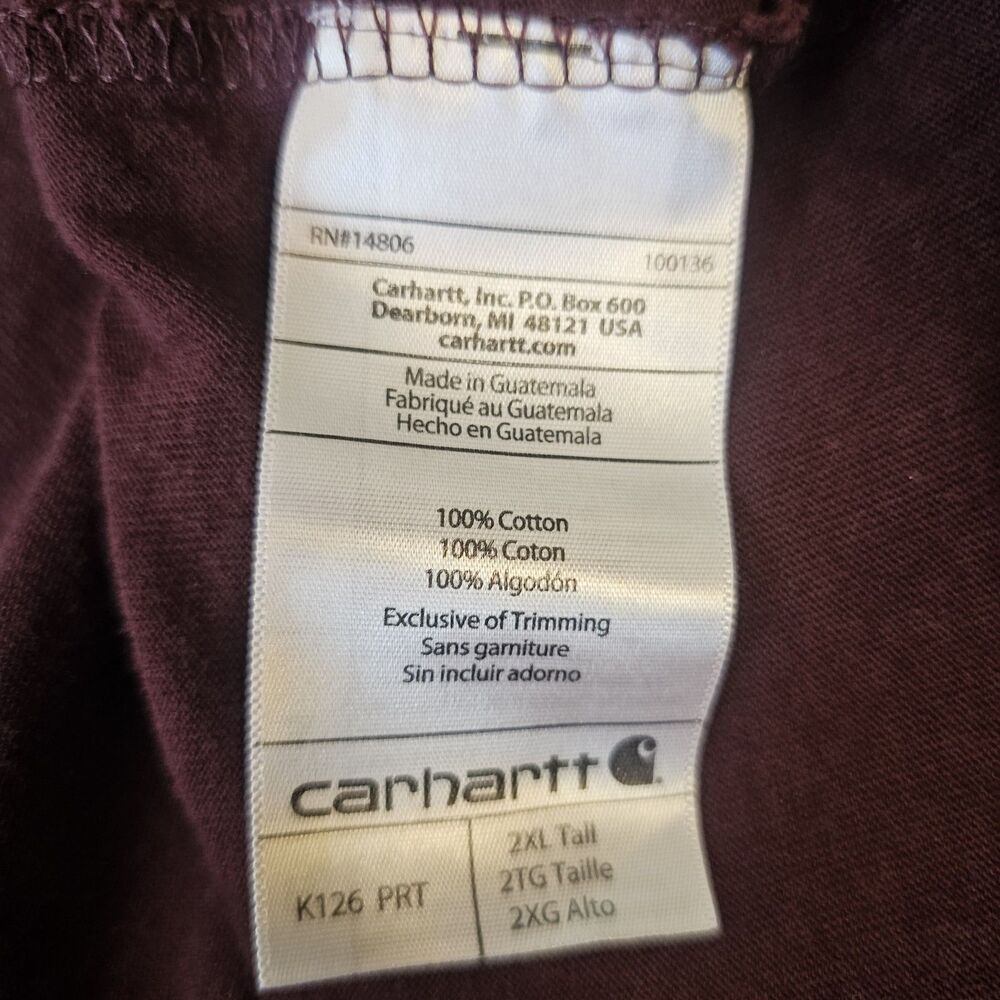 Carhartt K126 Basic Long Sleeve Pocket T Shirt Mens 2XLT Burgundy Gorpcore S580 - Picture 7 of 8